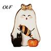 Small Ghost Statues for Shelves Halloween Table Ornament, 2D Wooden Figurine with Cute Tiered Tray Decor Pumpkin/Black Cat/Broom Home Office