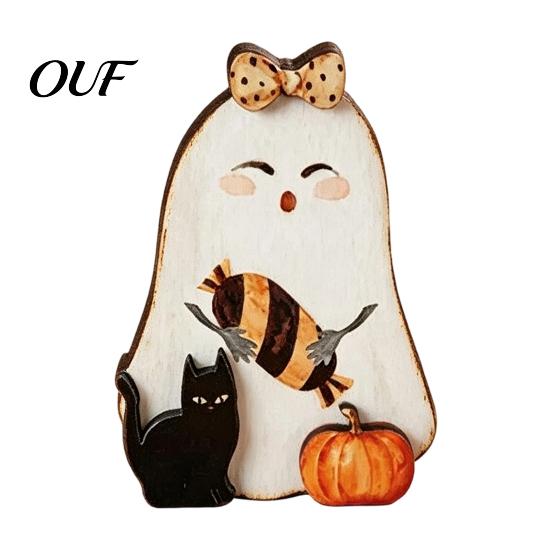 Small Ghost Statues for Shelves Halloween Table Ornament, 2D Wooden Figurine with Cute Tiered Tray Decor Pumpkin/Black Cat/Broom Home Office