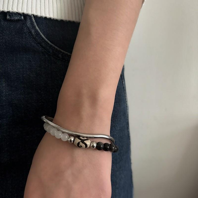 Handmade Geometric Stainless Steel Men Women Beaded Chain Bracelets For Hip Hop Style