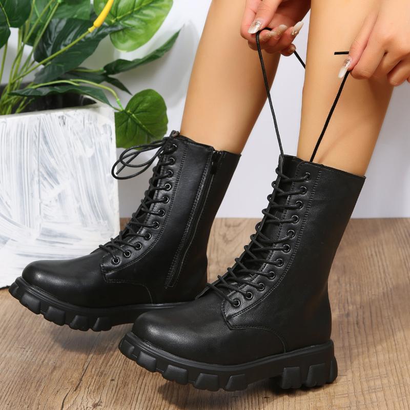 Boots Women 2025 Autumn Winter PU Leather White Ankle Boots Motorcycle Botines Female Chunky Heels Platform Boots Botas Mujer