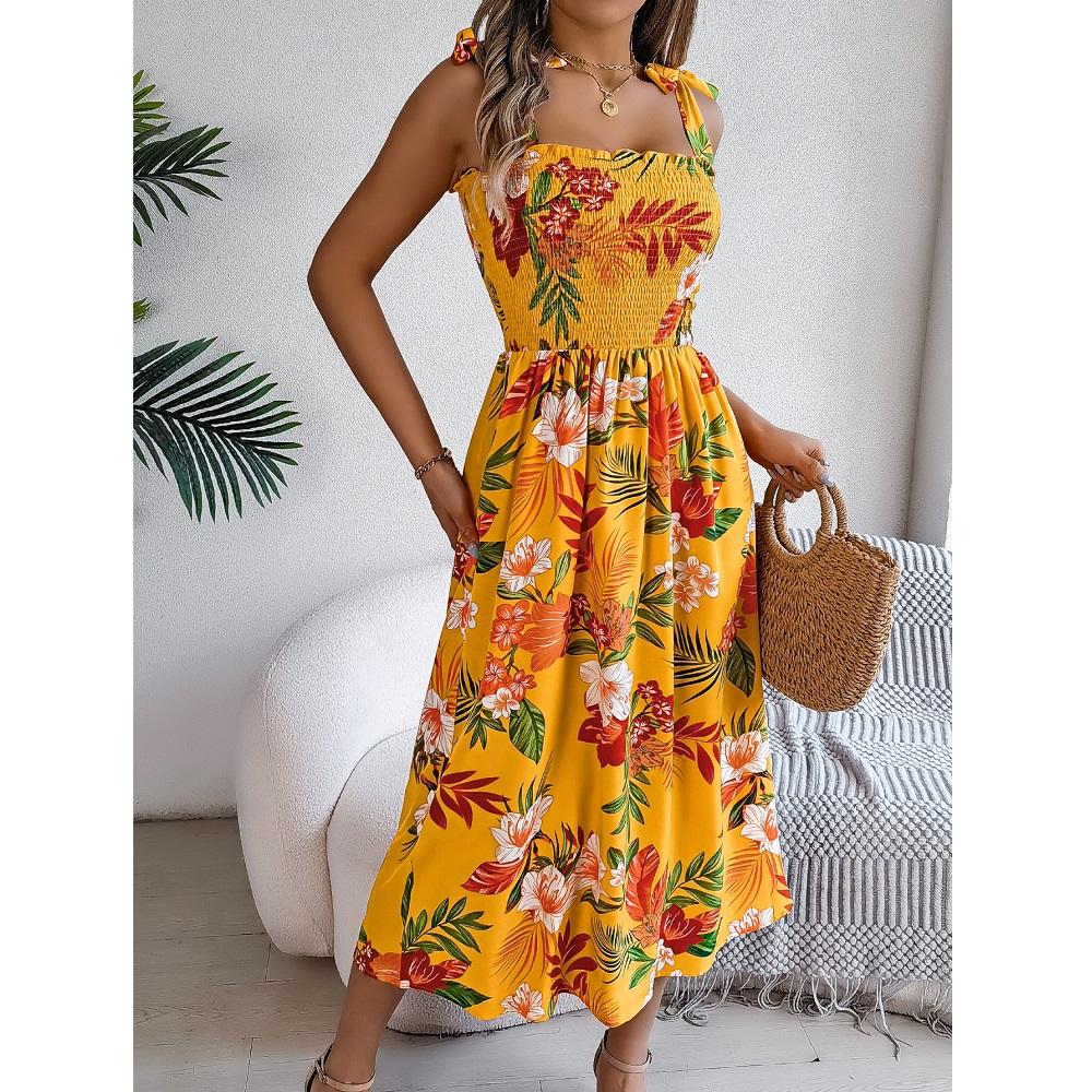 

Женские летние платья на тонких бретельках с цветочным принтом, длинное пляжное платье, женские повседневные платья макси с эластичной талией L жёлтый