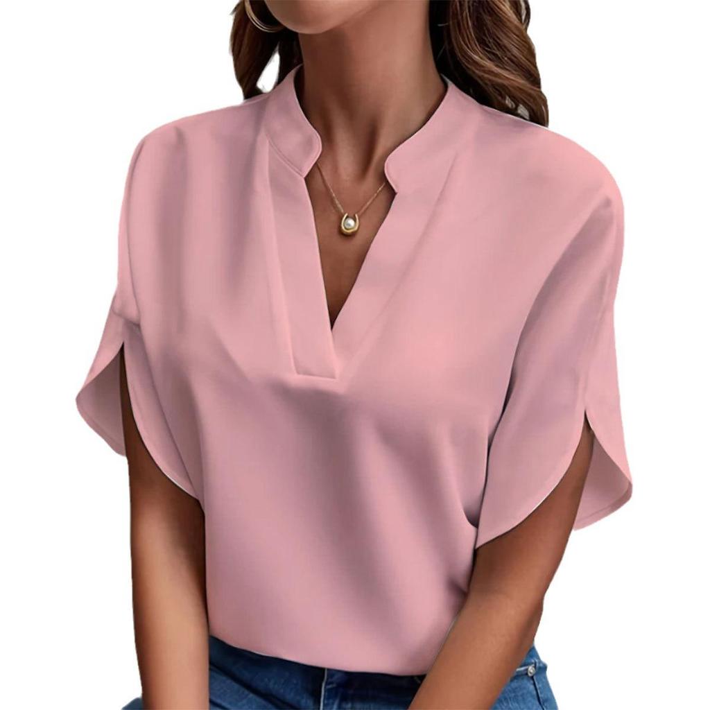 2024 Summer Women's V-neck Solid Color Casual Short-sleeved Pullover Shirt