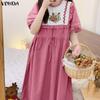 VONDA Vintage Women Stand Neck Short Sleeve Embroidery Patchwork Long Dress