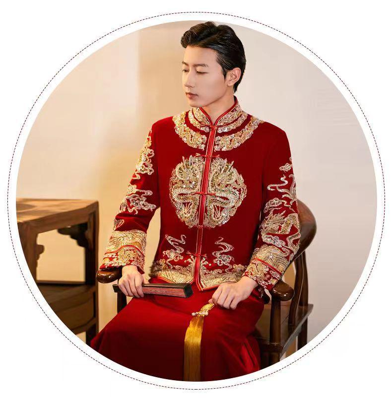 Herren 2024 Xiuhe Samt Hochzeitsanzug: Chinesisches Bräutigam Drachen & Phönix Gewand, Übergröße verfügbar