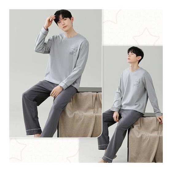 [Akihee] Men's Pajamas, 100% Cotton, Long Sleeve, Cotton, Spring, Summer, Autumn, Top and Bottom Set, Room Wear, Cute, Sweat Absorbent, Breathable,