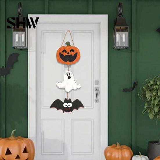 Funny Cartoon Party Wall Decorations Halloween Wooden Hanging Ornament, Jack-o'-Lantern Ghost Bat 3-Tier String Door Hanger, Cute Spooky Festival