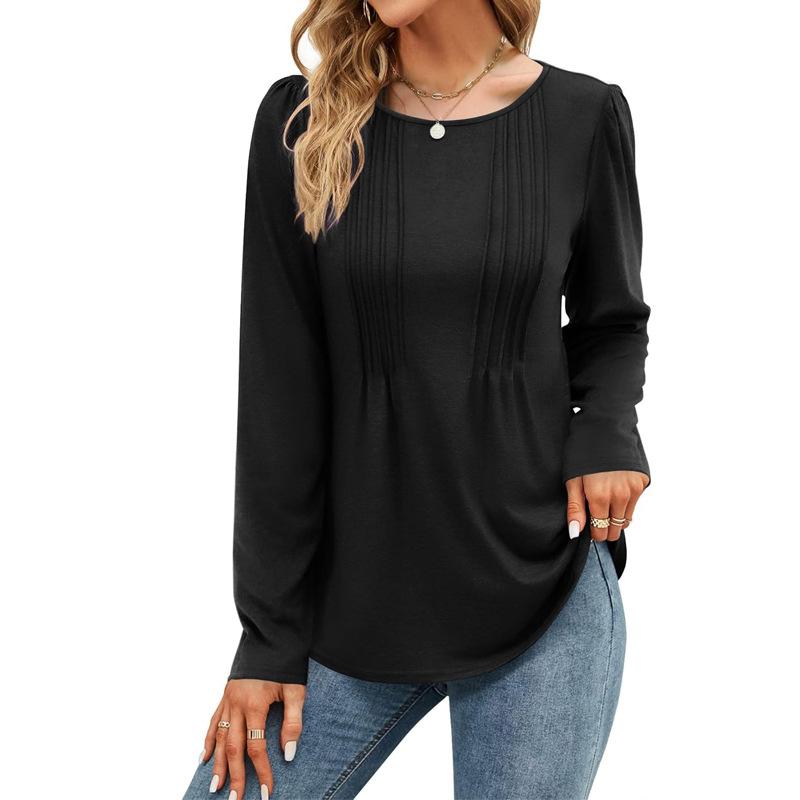 Spring and Autumn Striped Solid Color Round Neck Long Sleeve Casual T-shirt Fashion Women's Top
