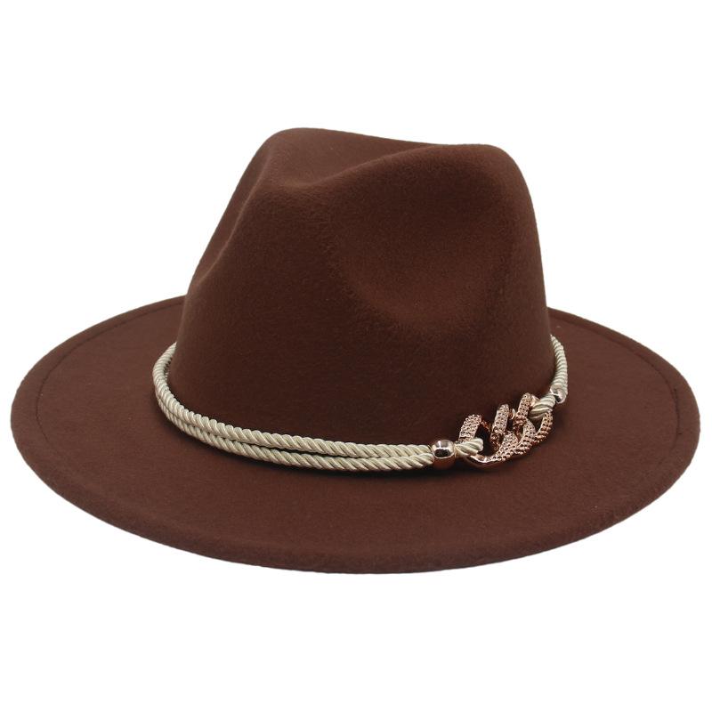 Jazz Hat Retro Men'S And Women'S Cotton Felt Hat Big Brim Panama Hat Gold Chain Hat