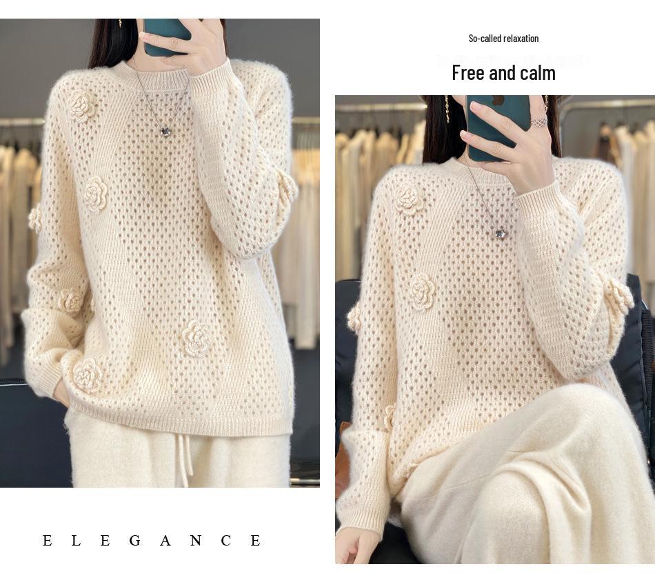 2025 Autumn/Winter Women's Thick Cashmere Hand-Knit Hollow Round Neck Long Sleeve Sweater