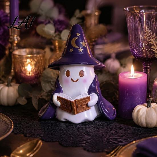 Whimsical Ghost Sculpture Lighted Figurine Resin Wizard Statue with LED Light Cute Indoor Halloween Accessories Reading Book Night Light for