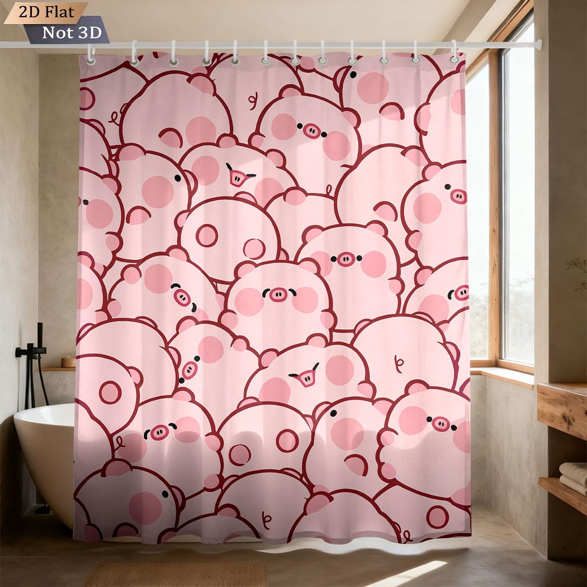 

1 Piece Cute Cartoon Pink Pig Print Waterproof Bathroom Partition Privacy Shower Curtain, With 12 Hooks, Multiple Sizes W60H190(CM)-1 Pcs