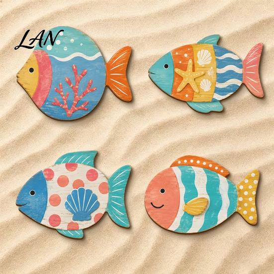 Coastal Wall Art Decor 4PCS Aspen Wood Fish Decor, Colorful Hanging Vintage Distressed Sculptures Art, Beach Theme Decorative Plaques for Bathroom