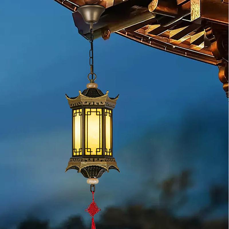 Sześciokątny pawilon zewnętrzny wodoodporny wiszący światło, chiński styl dziedziniec, pergola zewnętrzna, dziedziniec, wejście do willi, okap