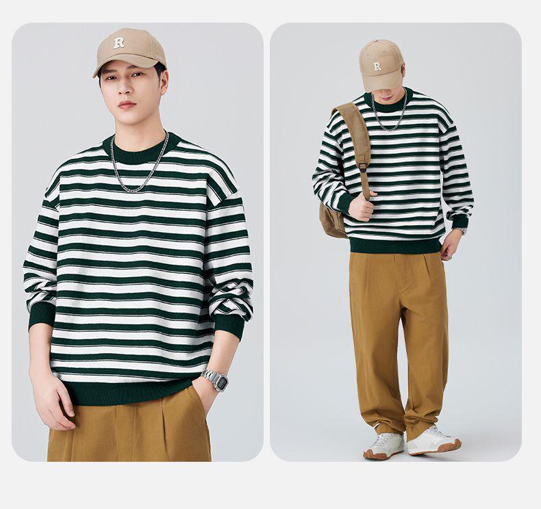 Shanggu Men's Autumn Anti-Pilling Striped Sweater | Round Neck Loose Knitwear