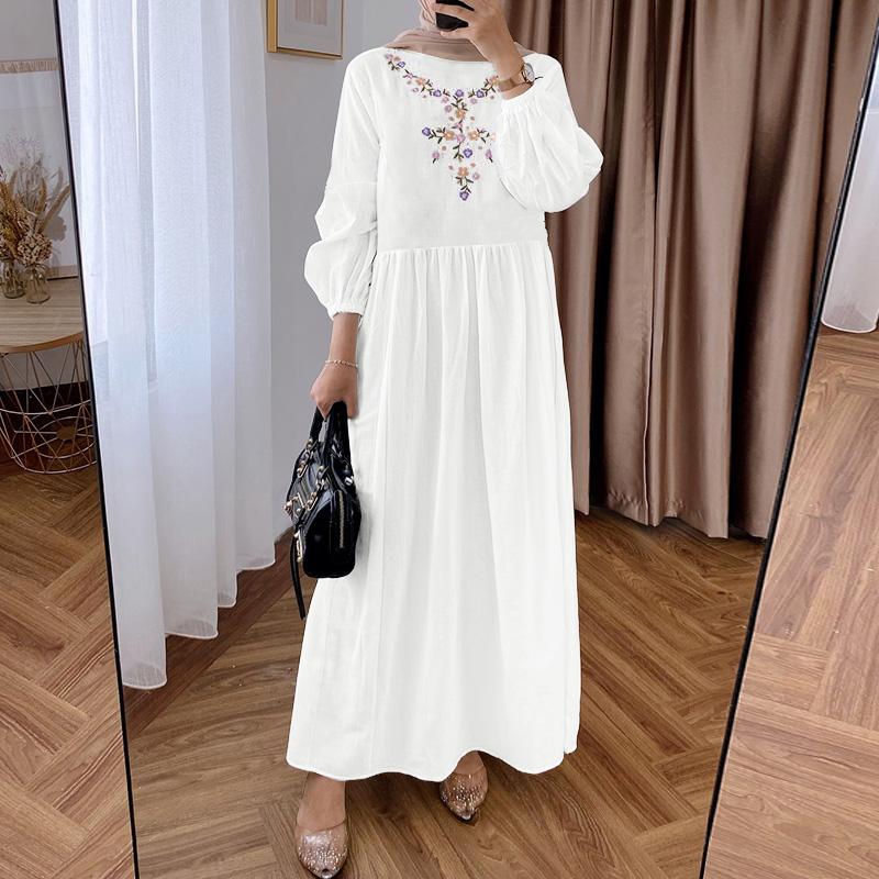 ZANZEA Women Casual Round Neck Long Sleeve Loose Floral Embroidery Dress