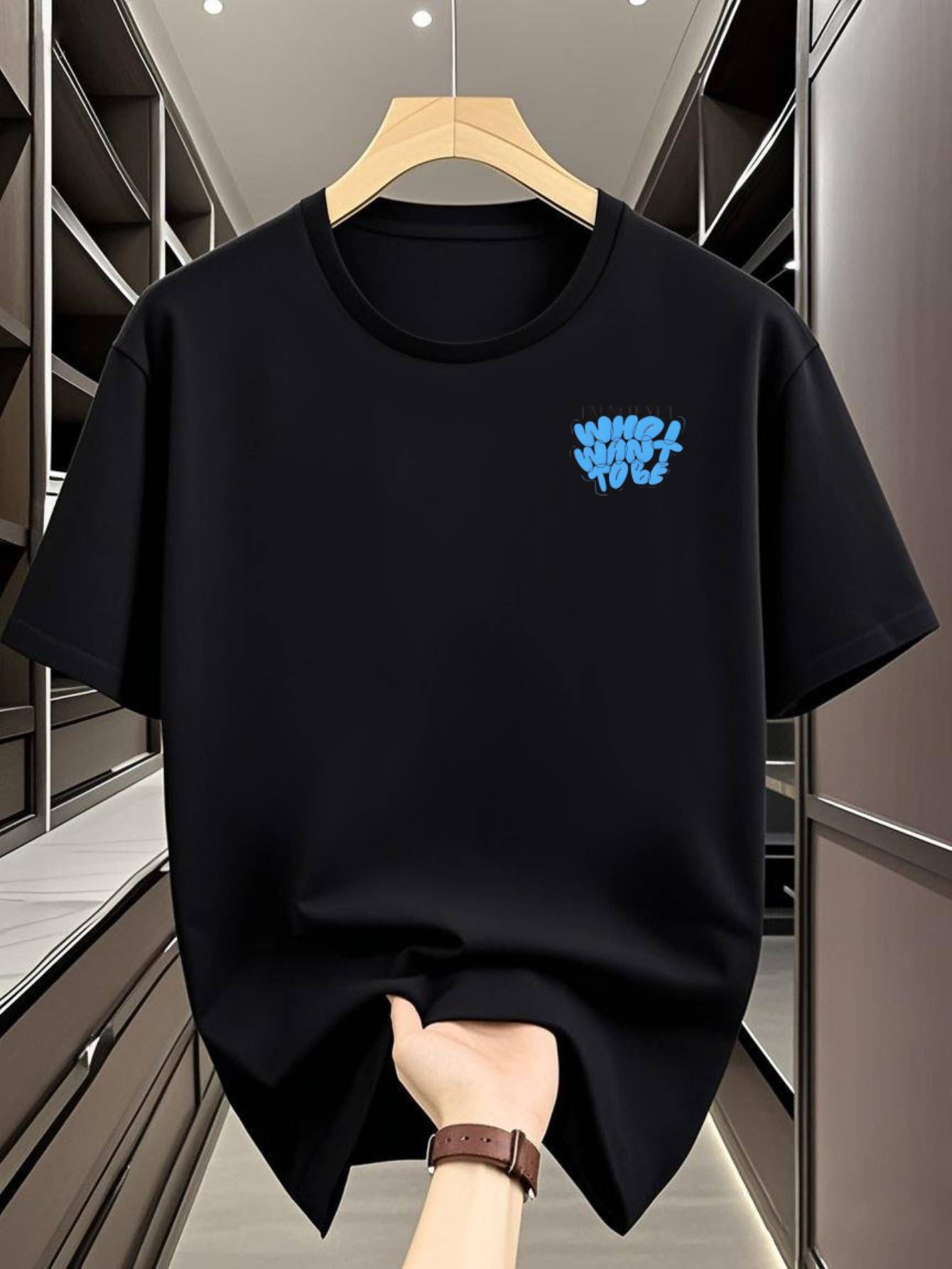 Casual Black T-shirt with Blue Floral Print - Breathable XXXL