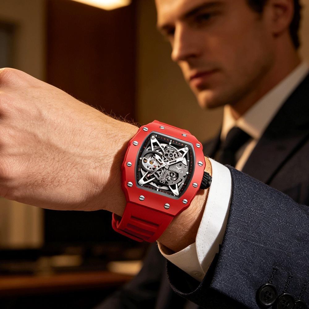 Automatic Skeleton Watch Mens Waterproof Luminous Tonneau Mechanical Wrist Watch Silicone Band