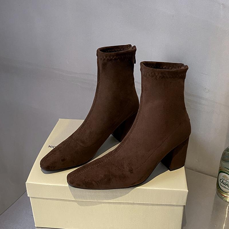 Botines de Tobillo de Tacón Grueso Ajustados Elásticos para Mujer Zippers Traseros de Moda Zapatos de Punta Zapatos Cortos de Felpa Gruesa para Mujer Invierno Modernos