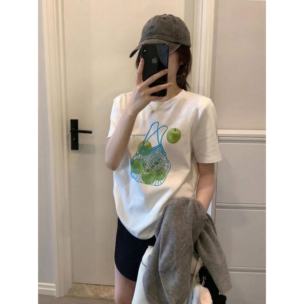 Korean green apple printed T-shirt women's summer loose bottoming shirt comfortable pure cotton inner top slack short sleeve