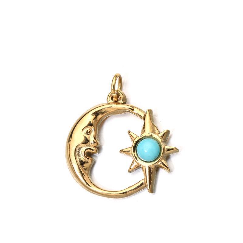 European Retro Sun and Moon Stainless Steel Pendant with Semi-Precious Stone Charm for Women.