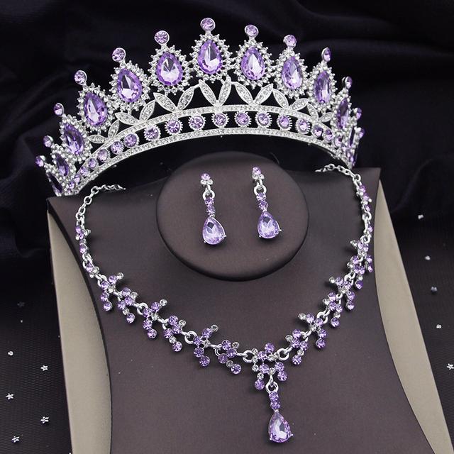 Luxus Silber Farben Veilchen Kristall Braut Schmuck Sets für Frauen Gold Farbe Tiaras Krone Braut Halskette Ohrringe Hochzeit Sets