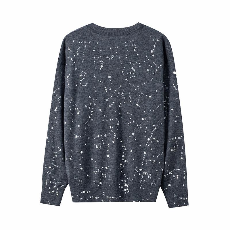 Star printed neck knitted sweater top women's early autumn new long-sleeved inner loose and thin bottoming shirt thin