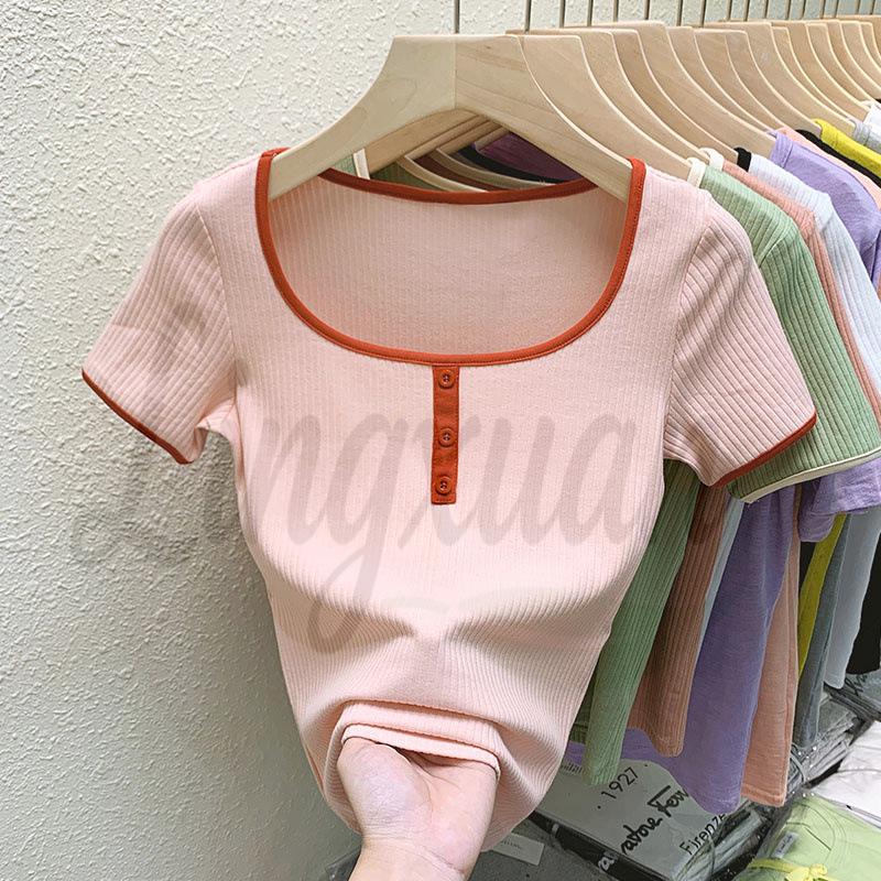 Women's Short-Sleeve Square Neck Spliced T-Shirt - Versatile Korean Style Summer Top