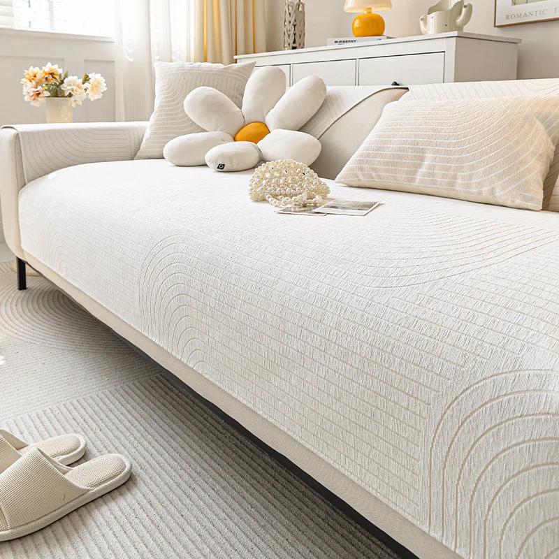 Cream Wind Sofa Cover Chenille Couch Pad Solid Color Living Room Sofa Cushion Non-Slip Line Pattern Sofa Cushion Home Dust Mat