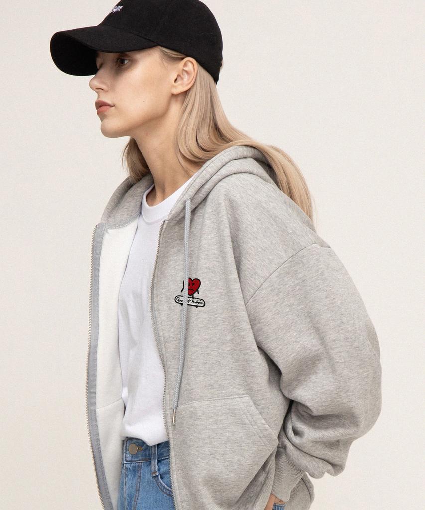 Graver [Unisex] Heartboard Embroidered Zip-Up Hoodie_Gray
