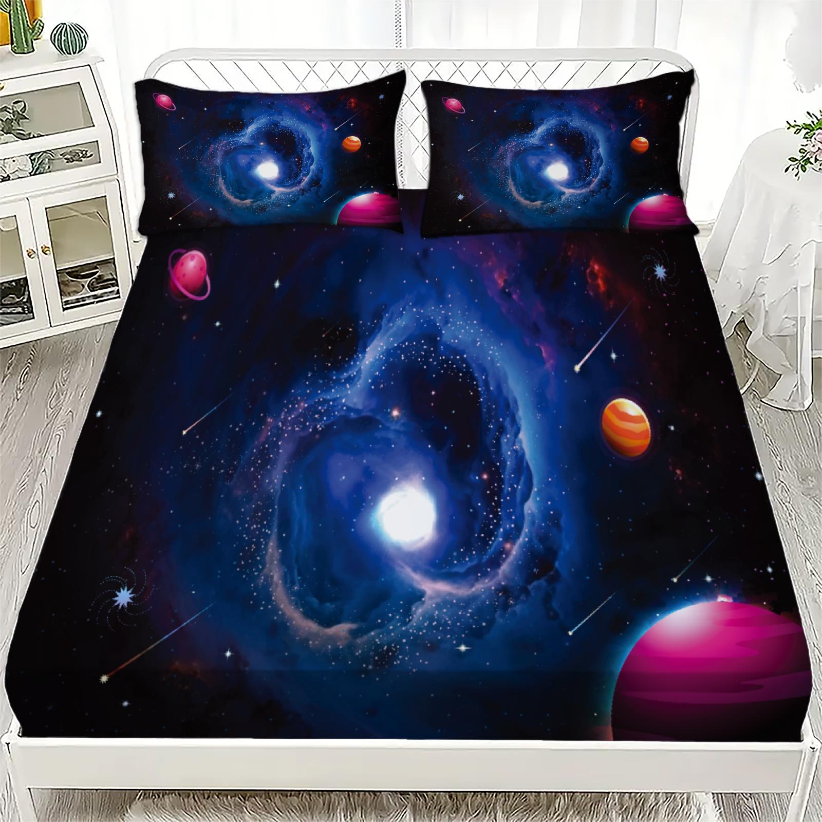 

3pcs Cool Fitted Sheet Gifts For Teen Boys Bedroom Decor Vivid Cosmic Galaxy Nebula Planets Stars 3D Print Washable Flat Sheet 99x190x25cm