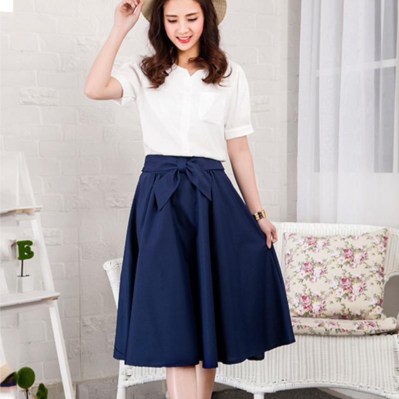 Lady's Elegant High Elastic Waist Pleated Skirts  Casual Bow Mid-calf Skirts