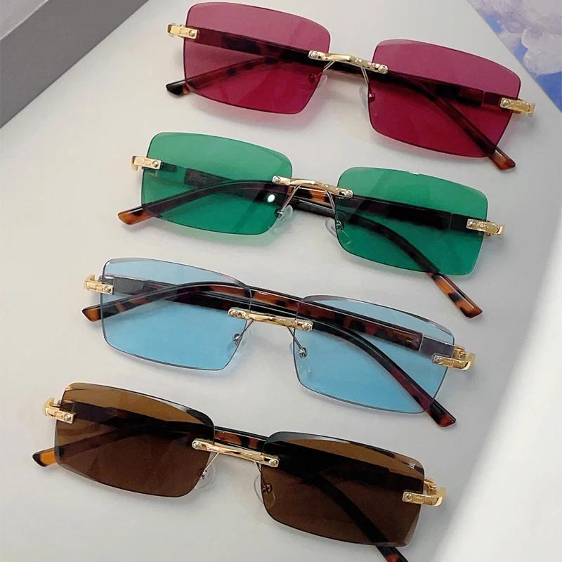 Rimless Rectangle Sunglasses Men New Fashion Vintage Casual Shades Women Trendy Retro Luxury Brand Design Sun Glasses