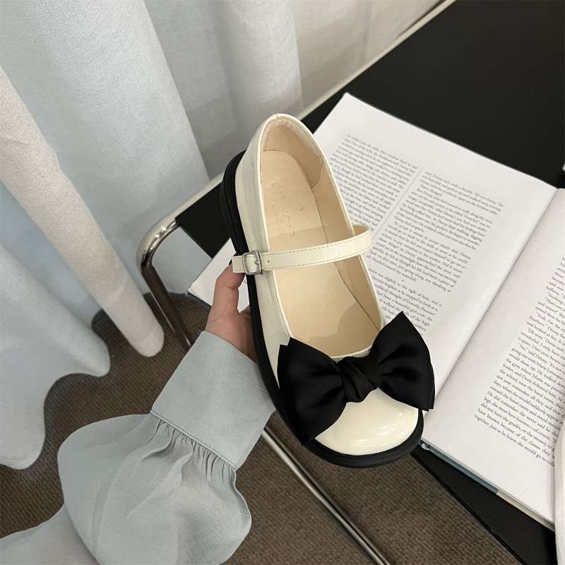 2025 spring and summer new round head retro bow small leather shoes women's work shoes Mary Jane college style women's single shoes