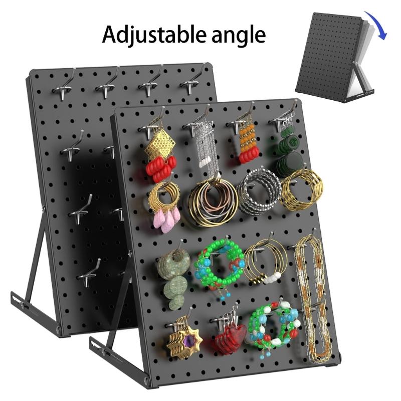 Metal Jewelry Display Rack with Open Pegboard Panel, 16 Movable Hooks and Adjustable Viewing Positions for Tabletop Retail and Craft Fair Displays