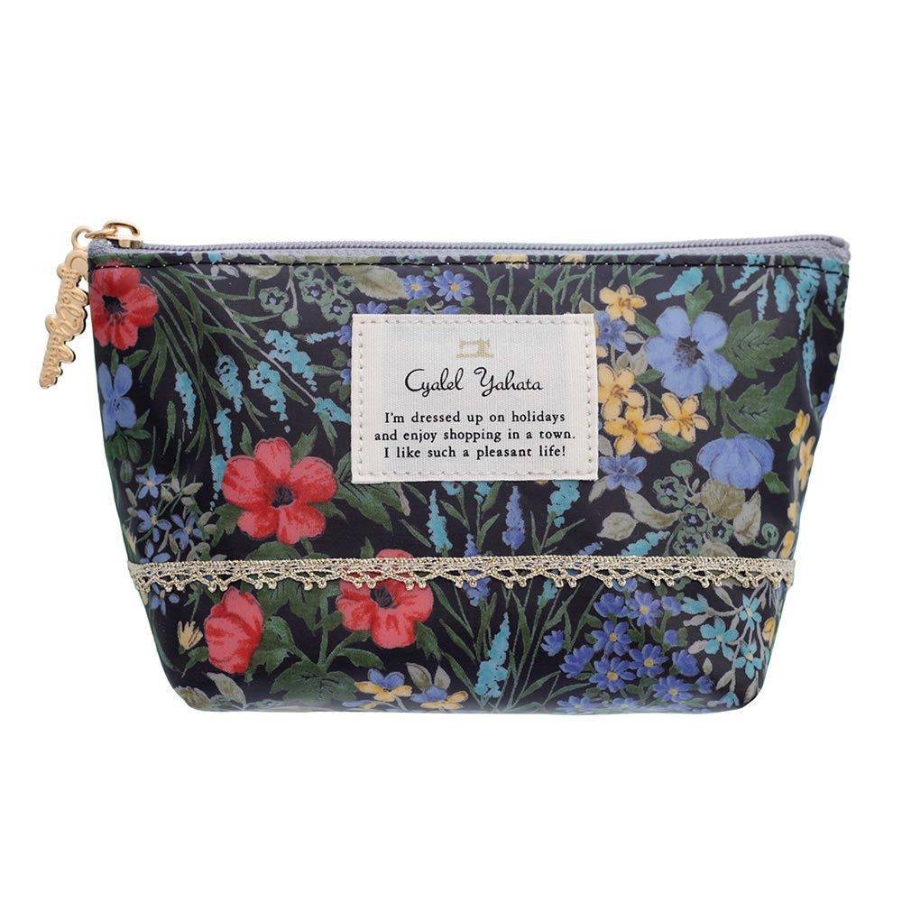 Cyalel Yahata Tissue Makeup Pouch with Stylish Floral Wildflower Made in Black Boat-Shaped Pouch, Pocket, Print, Design, Japan,