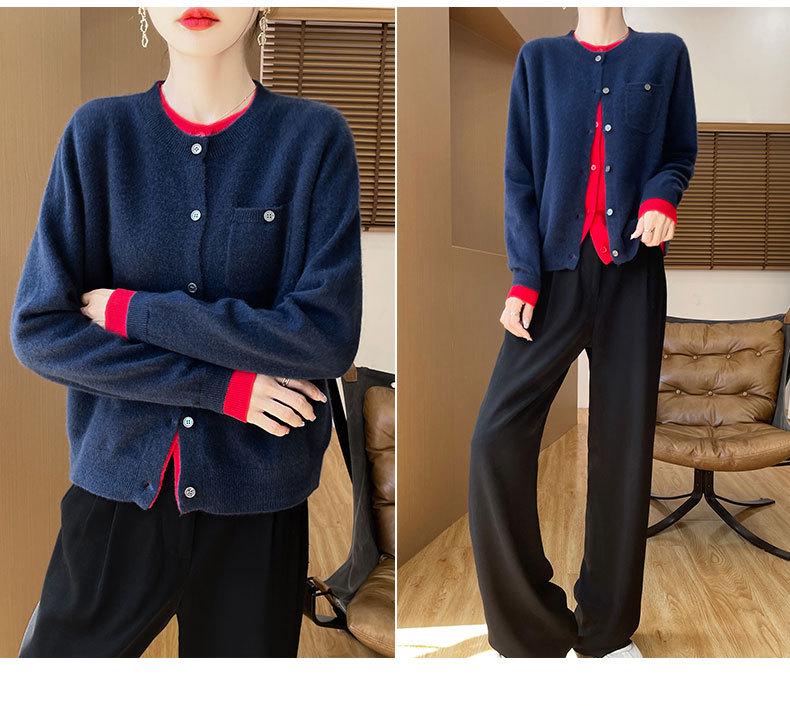 Women's 100% Wool Cardigan, Fake Two-Piece, Slimming Round Neck, Lazy Style Sweater Coat for Spring & Autumn