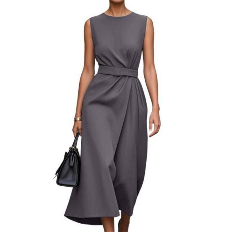 

Summer Sleeveless A Line Maxi Dress Women Pleated Crew Neck Tank Midi Dress Casual Business Work XXXL сірий