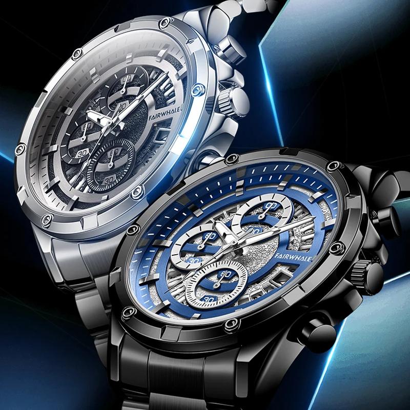 Mark Fairwhale Brand Men's Quartz Watches Stainless Steel Strap Waterproof Luminous Multifunctional Date Chronograph Watch Men