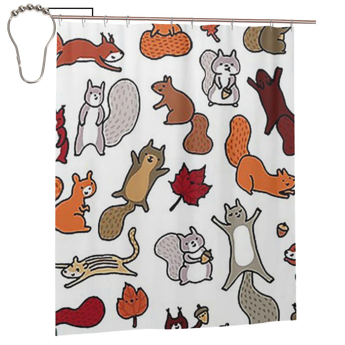 Squirrels In Fall Doodle Shower Curtain Bathroom Polyester Waterproof Bath Curtains With Hooks W60H190(CM)-1 Pcs