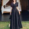 Plus Size Elegant Hollow Patchwork Black Dress, Short Sleeve, French Style, Waist-Cinching Slimming
