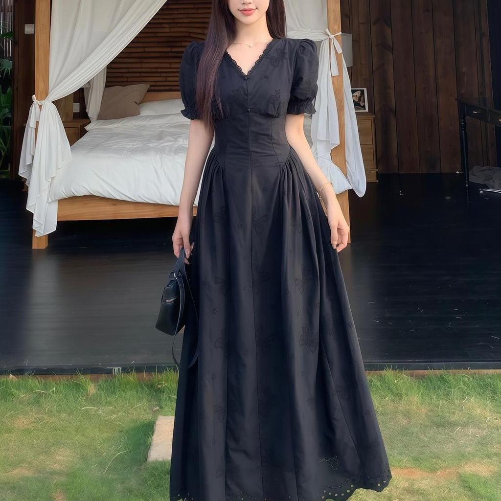 Plus Size Elegant Hollow Patchwork Black Dress, Short Sleeve, French Style, Waist-Cinching Slimming