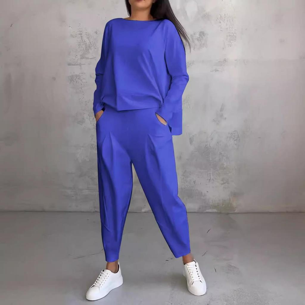 2025 European & American Women's Solid Color Casual Round Neck Long Sleeve Two-Piece Set