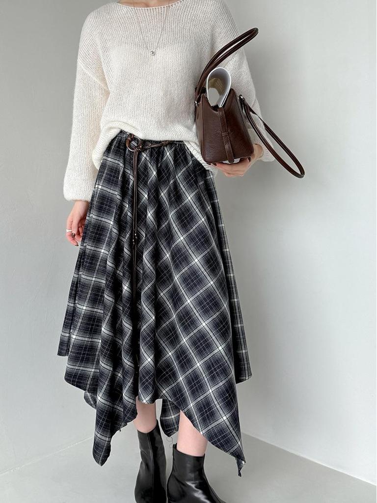 Ju Zhi Podzimní kostkovaná sukně midi áčkového střihu s vysokým pasem - Nepravidelný design, Zeštíhlující střih