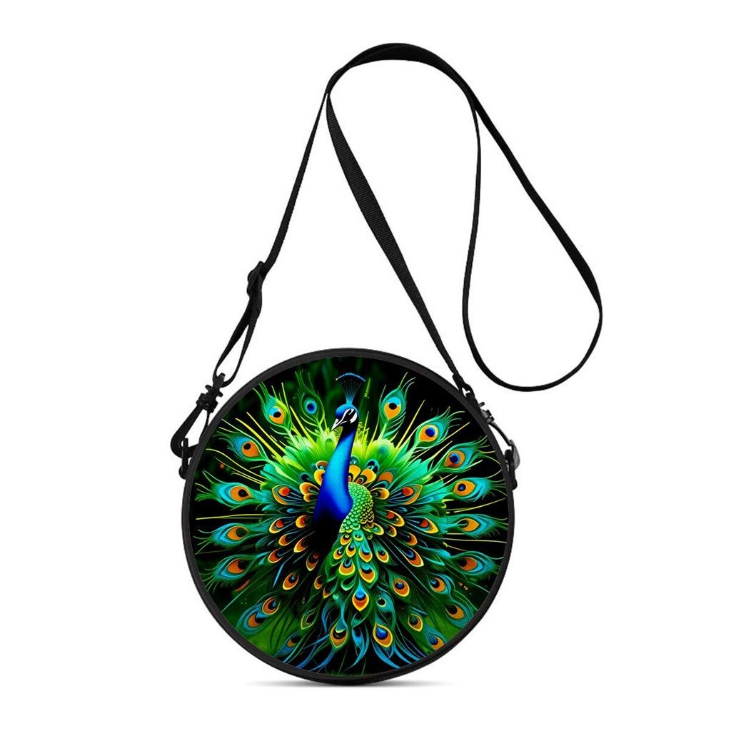 Peacock Print Round Shoulder Bag Casual Messenger Bag for Woman Best Gifts 2D Flat Casual Daily Crossbody Bag