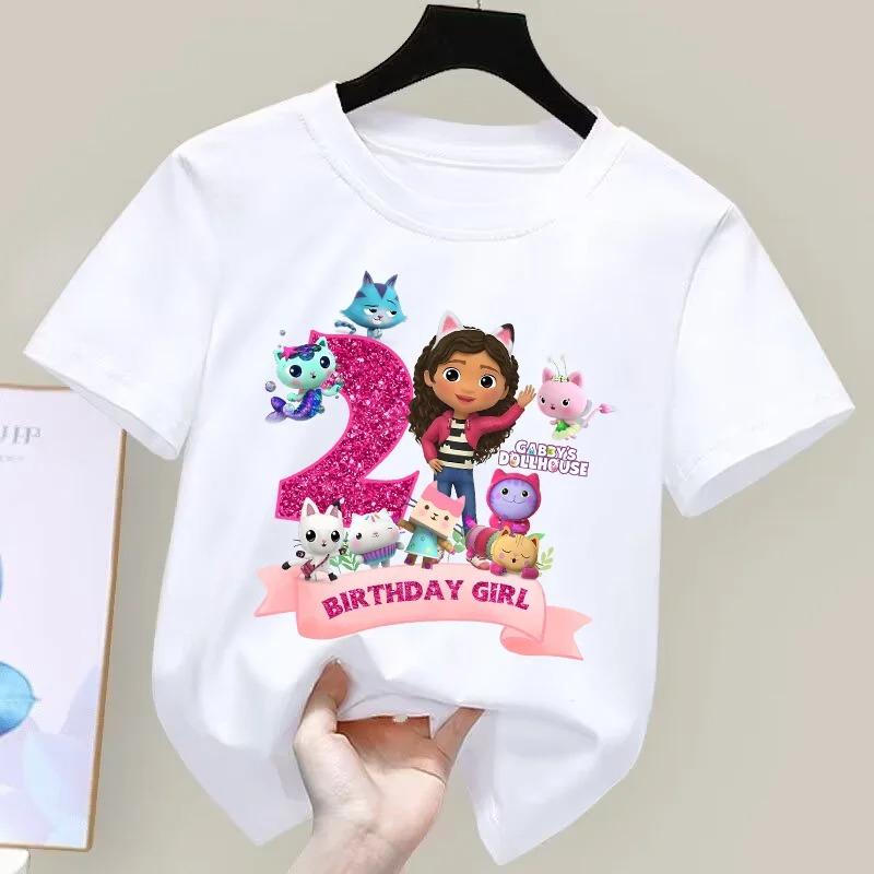 Gabbys Puppenhaus Geburtstag Zahl T-Shirt Mädchen Weiß Rosa Kurzarm T-Shirts Oberteile Baumwolle Sommer Lässig Partyzubehör T-Shirt