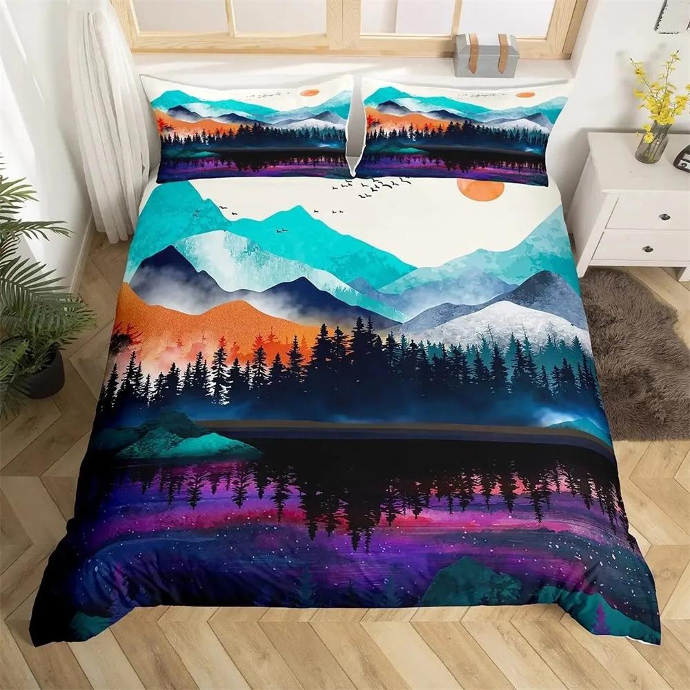 Smoky Mountain Duvet Cover Collection Misty Forest Bedding Collection Full Queen Size Grey Trees Natural Scenery Art Comforter Cover