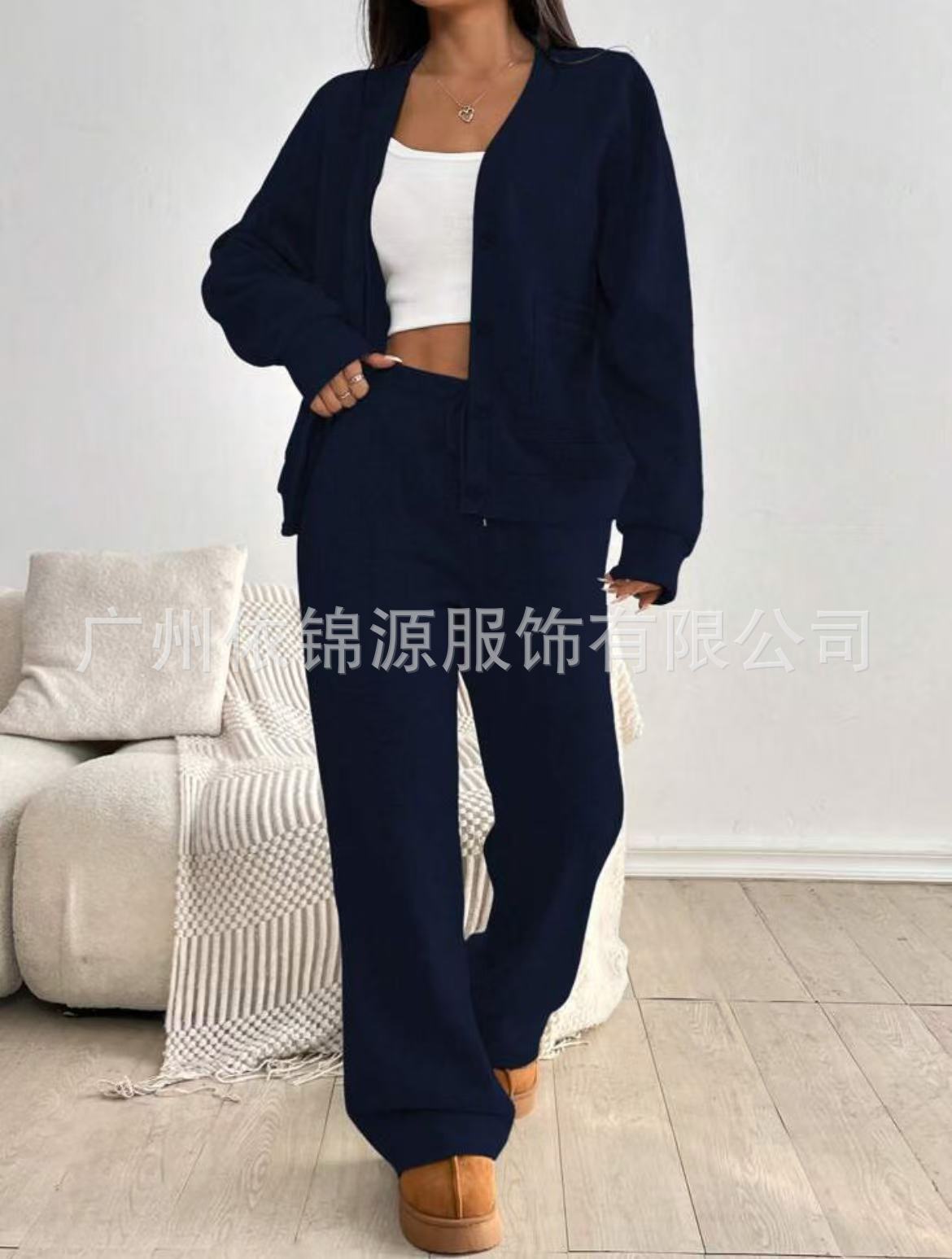 

Women s Grey Button Front Knit Cardigan with Wide Leg Lounge Pants Set XXL Темно-синій