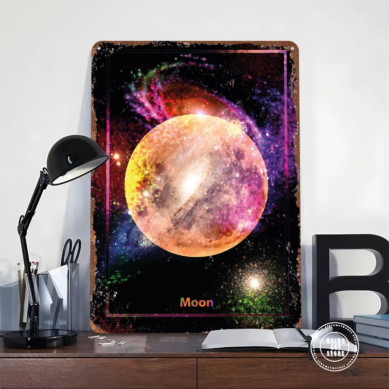 Colorful Moon In Space Metal Poster Customized Wall Art Retro Vintage Tinplate Signs for Room Decoration Gaming Office Decor