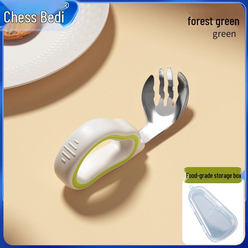 Infant Training Silicone Spoon & Fork Set - Stainless Steel, Short Handle, Bent Head for Learning To Eat