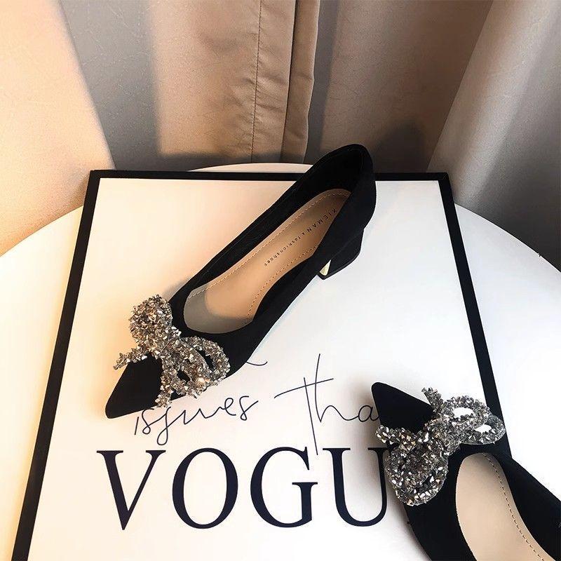 Black high heels women's spring summer French new suede pointed thick heel single shoes rhinestone temperament occupation